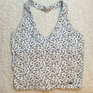 Hollister White Floral Halter Cropped Tank Top